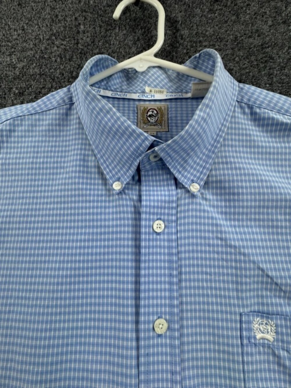 Cinch Blue White All Cotton Check Mens Button-Down XL Logo Long Sleeve Pocket